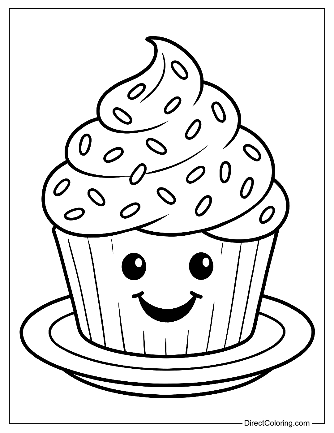 A coloring page of a smiling cupcake, covered in frosting and sprinkled with rainbow sprinkles, standing on a simple round plate